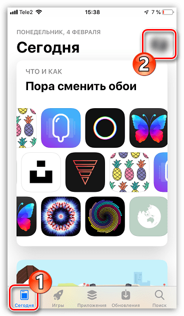 Меню профиля в App Store на iPhone