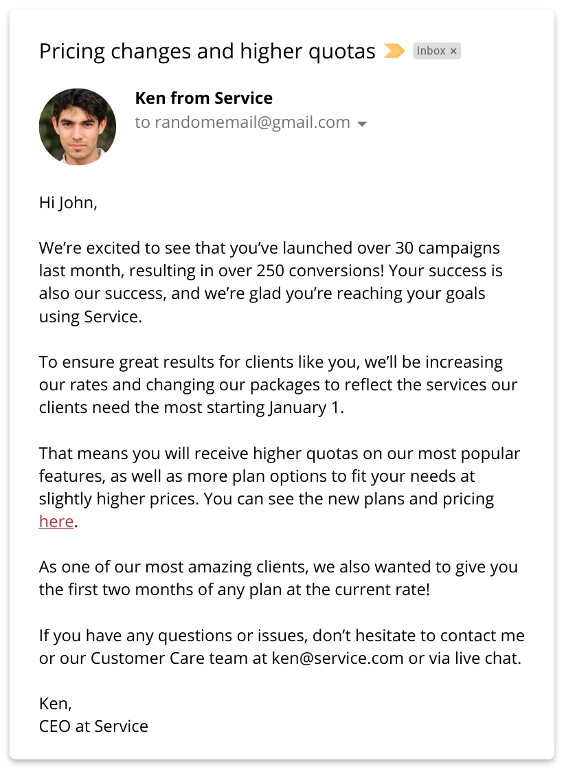 price increase email letter example